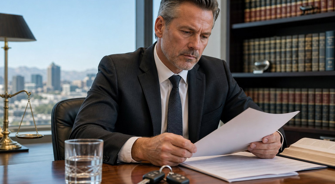 A serious man reviewing documents at a desk in a modern office with car keys and law books nearby.