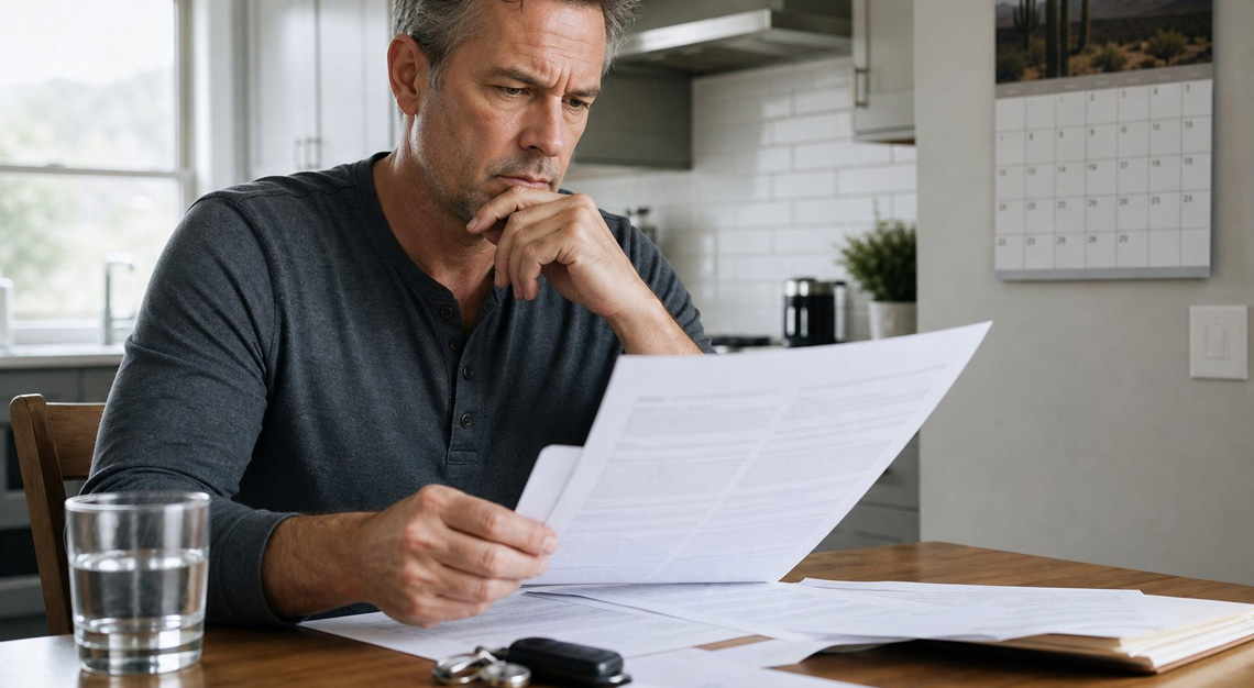 A middle-aged man sitting at a kitchen table reviewing papers with a concerned expression, car keys and a glass of water nearby.