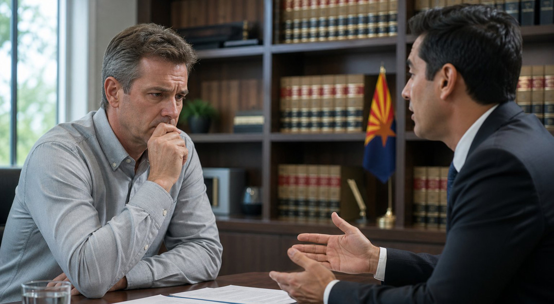 A man in a legal office talking with a lawyer, with legal documents and car keys on the desk.