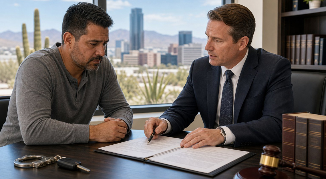 A man consulting with a lawyer in an office, discussing legal documents with a gavel and handcuffs on the desk, with a window showing a sunny cityscape and desert plants.
