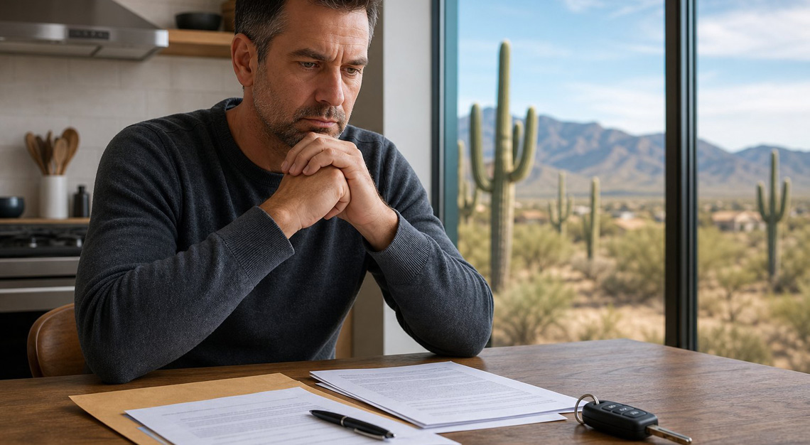 A middle-aged man sitting alone at a kitchen table with legal documents and car keys, looking thoughtful, with a desert landscape visible through a window.