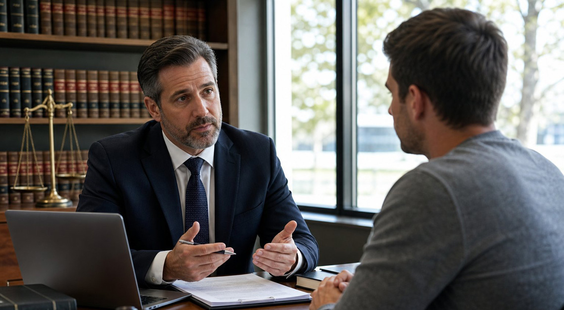 A lawyer and a client discussing legal documents in an office with law books and a scale of justice in the background.