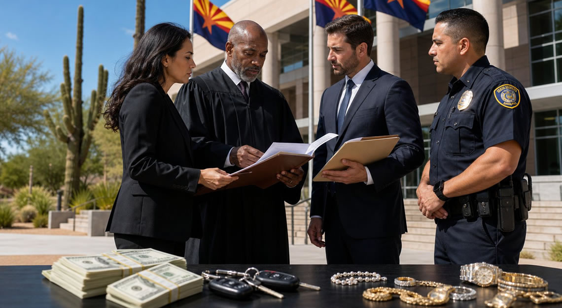 A group of legal professionals standing outside an Arizona courthouse with state flags, discussing legal documents near seized assets like cash, car keys, and jewelry.
