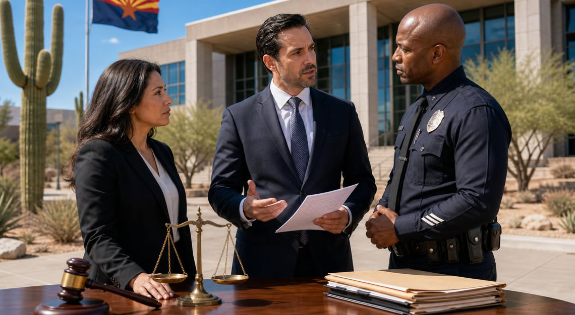 A group of professionals discussing legal matters outside a courthouse in Arizona with desert plants and the state flag in the background.