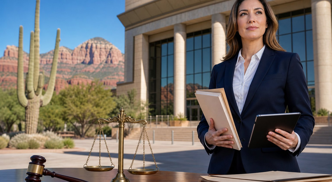 A legal professional standing near a courthouse with desert landscape and legal symbols like scales of justice and a gavel.