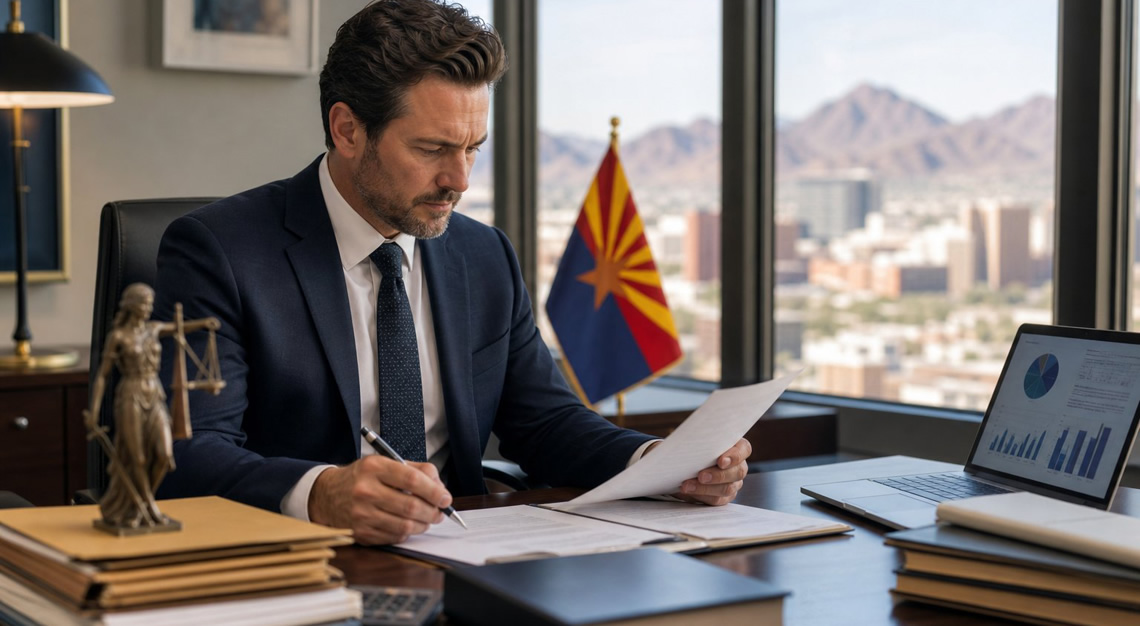 A lawyer reviewing documents in an office with an Arizona cityscape visible through large windows.