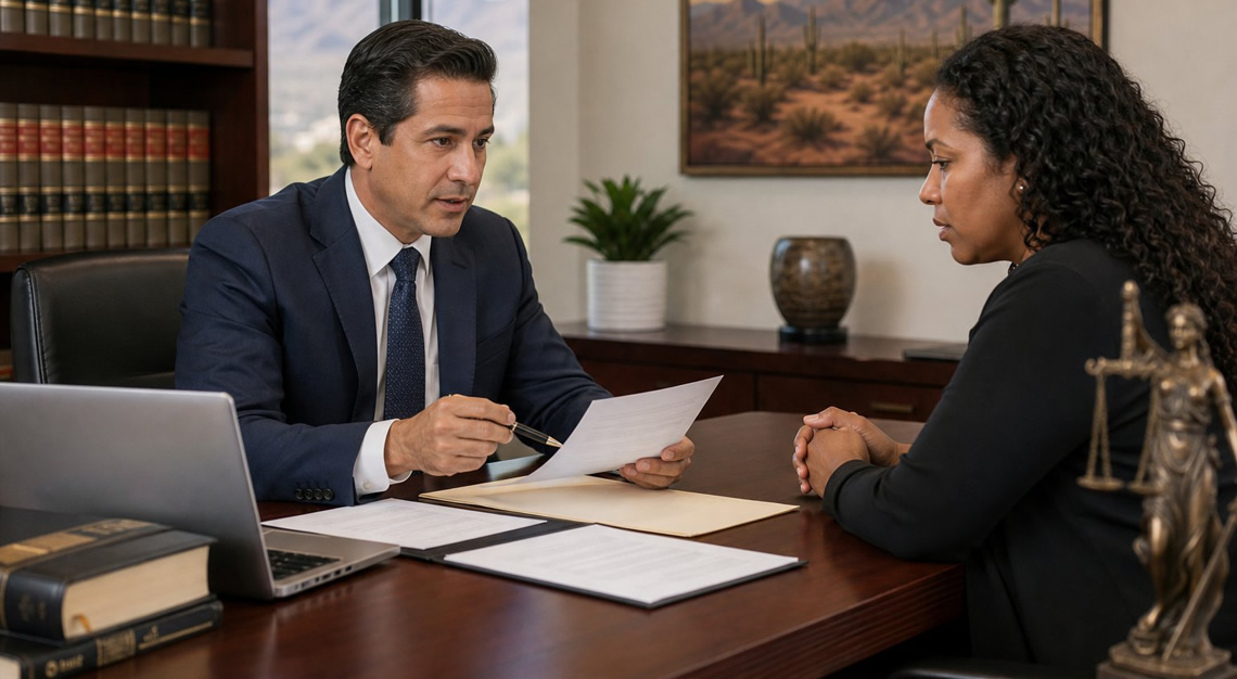 A lawyer discussing legal documents with a client in an office with a desert landscape visible in the background.