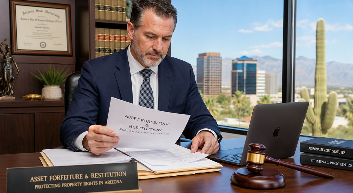 A middle-aged lawyer reviewing legal documents at a desk with a view of an Arizona cityscape through a window.