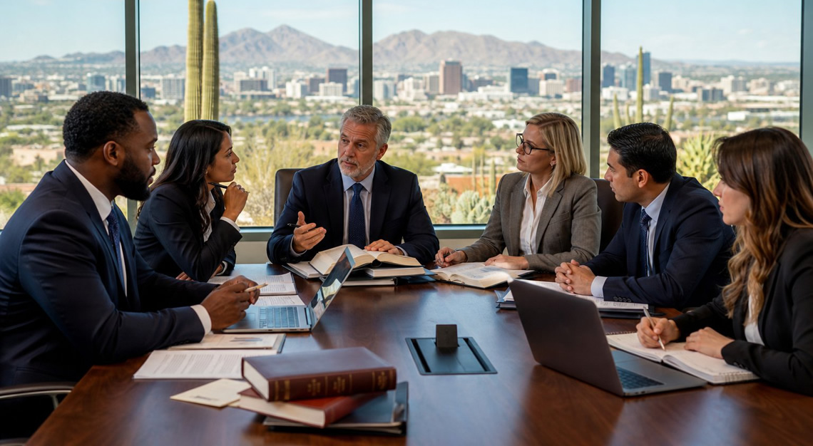 A group of professionals in a meeting room discussing documents with a view of an Arizona city and desert plants outside the window.