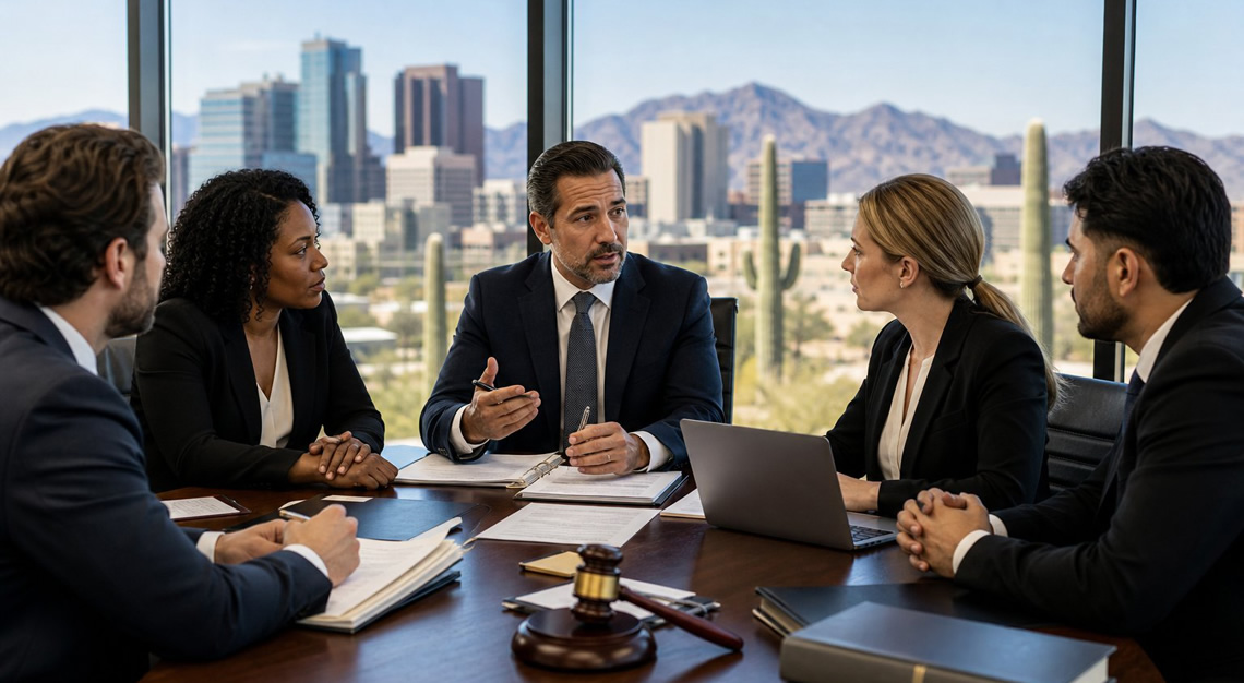 A group of legal professionals and clients discussing documents around a conference table in an office with a cityscape and desert visible through the window.