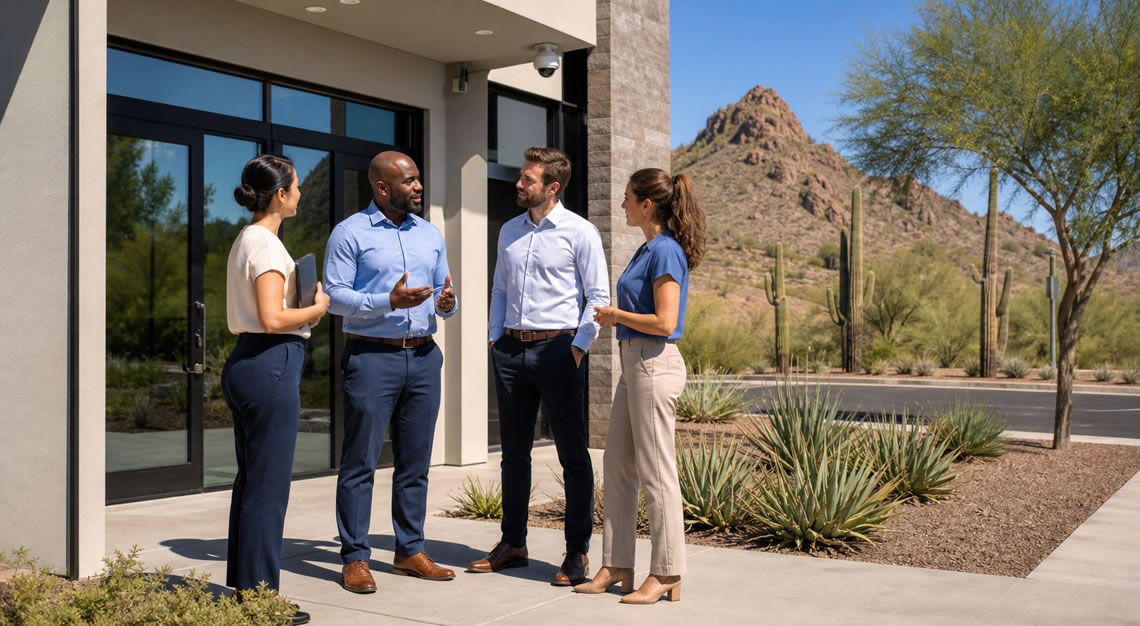 Exterior of a modern business in Arizona with people talking near the entrance and desert landscape in the background.