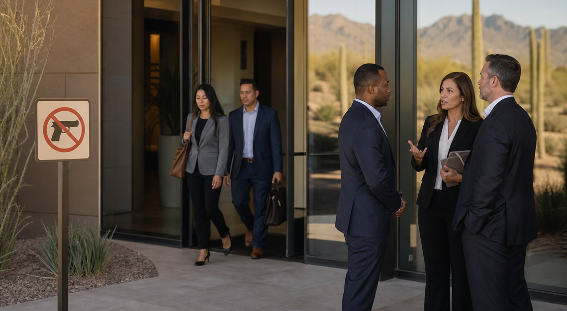 Business professionals standing near the entrance of a modern office with a no firearms sign visible on the door and desert landscape outside.