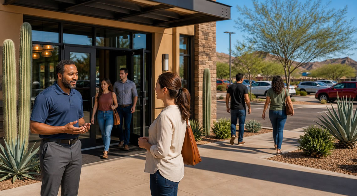 A business entrance in Arizona with people entering and exiting, a manager speaking with a customer, surrounded by desert plants and clear skies.