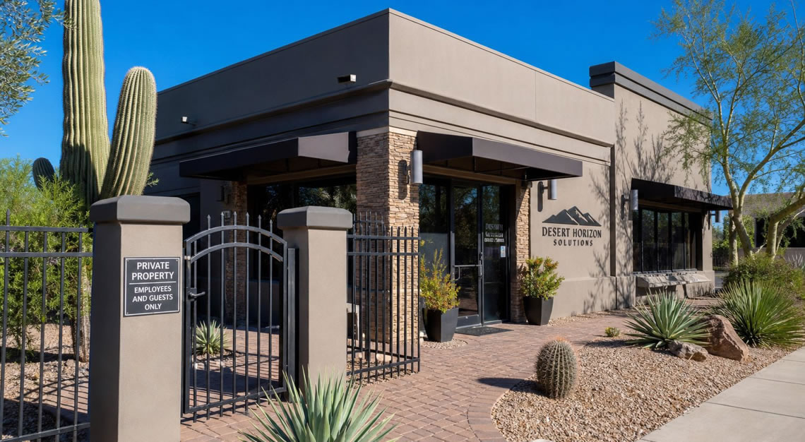 Exterior of a modern Arizona business with desert landscaping and a gated entrance on a sunny day.
