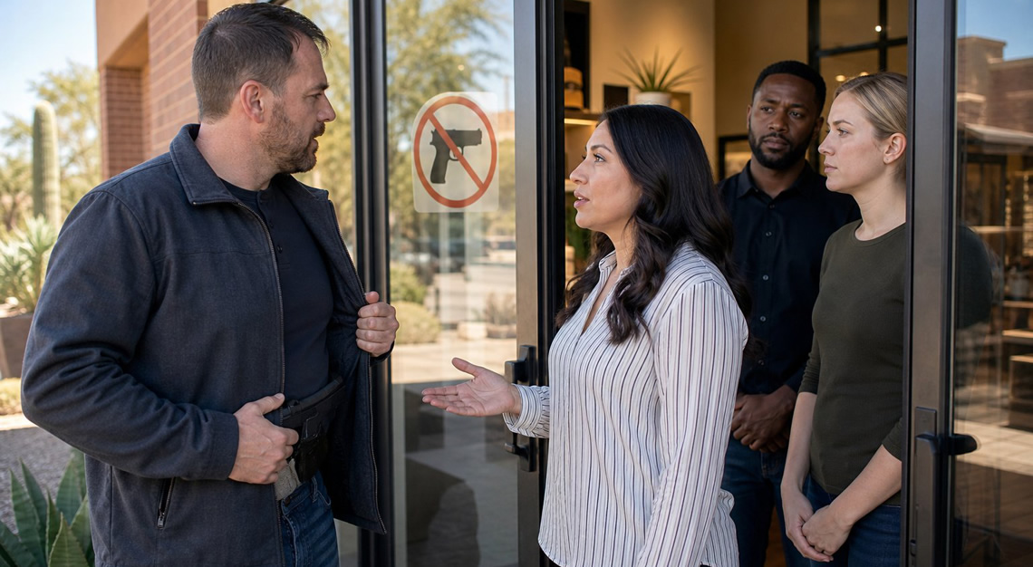 A business owner talks calmly with a customer carrying a concealed handgun near the entrance of a modern storefront with a no firearms sign visible.