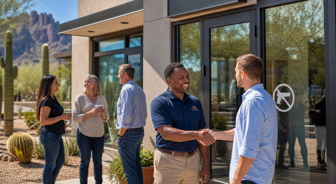 Business owners and customers talking outside a modern Arizona business with desert plants and a subtle no firearms symbol on the entrance.