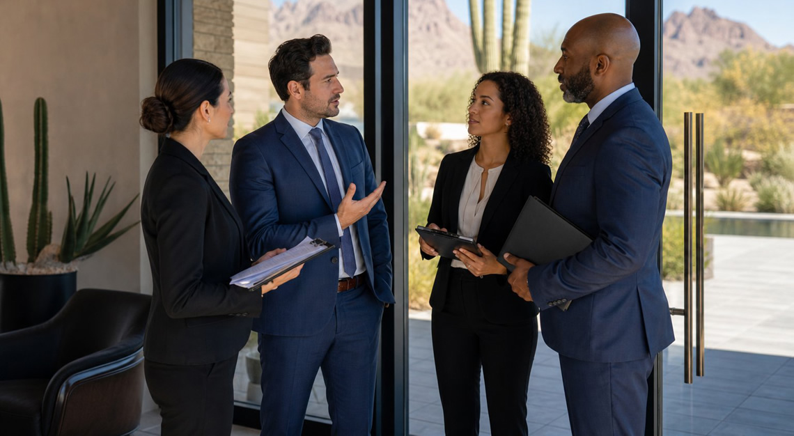 Business professionals discussing near the entrance of a modern office with desert plants visible outside.
