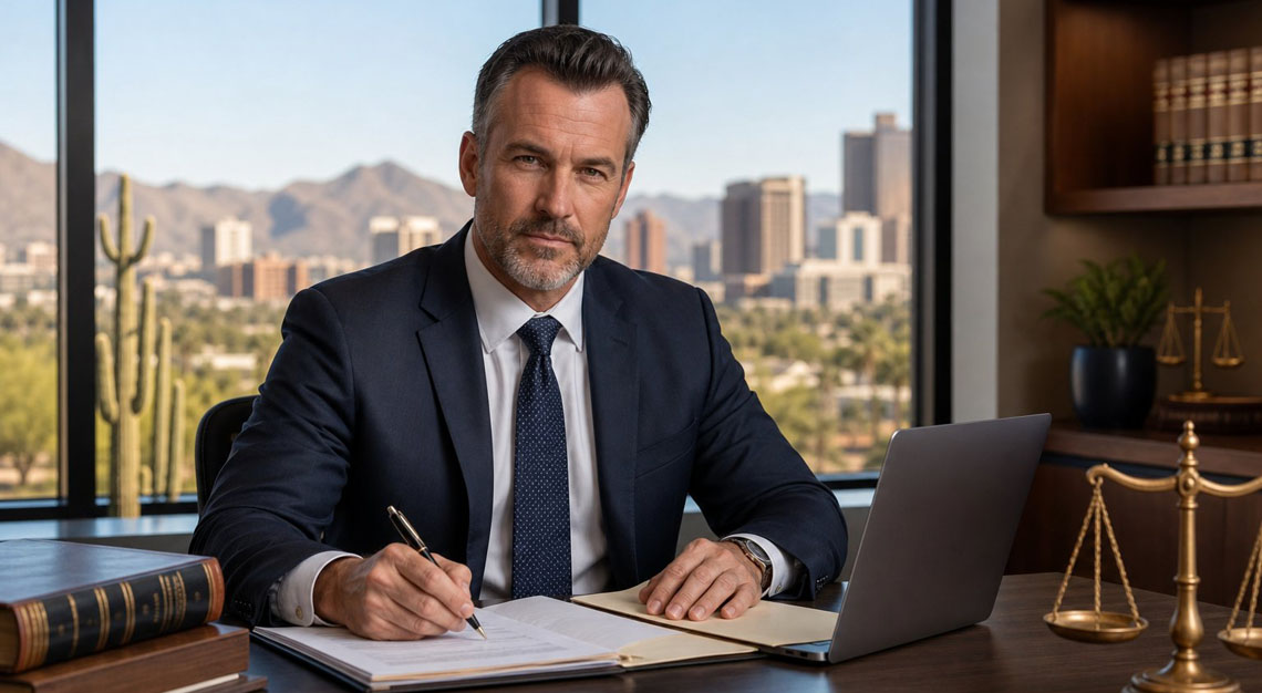 A confident attorney in a dark suit sitting at a desk in a modern office with a cityscape of Phoenix visible through large windows.