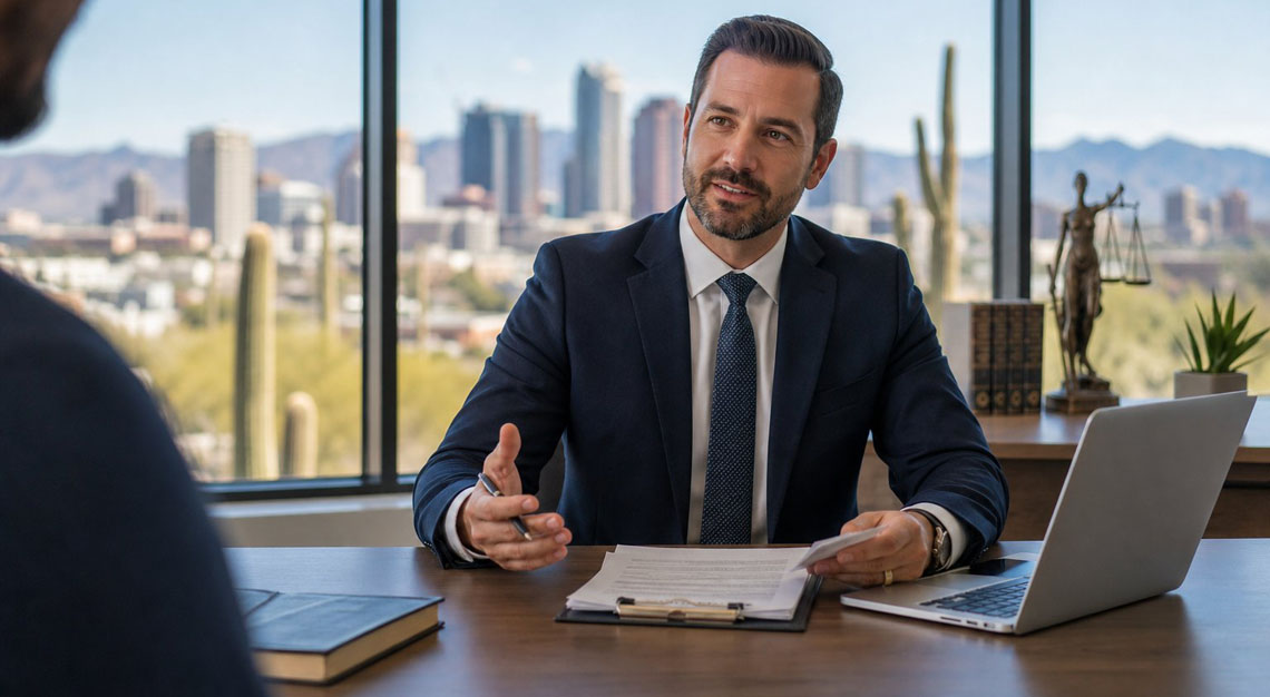 An attorney in a business suit sitting at a desk in an office with a view of the Phoenix city skyline and desert plants outside the window.