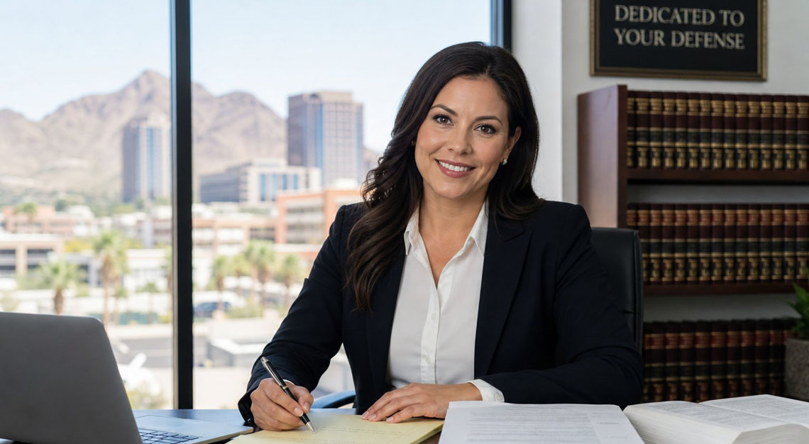 A professional attorney sitting at a desk in an office with a view of Phoenix, looking confident and approachable.