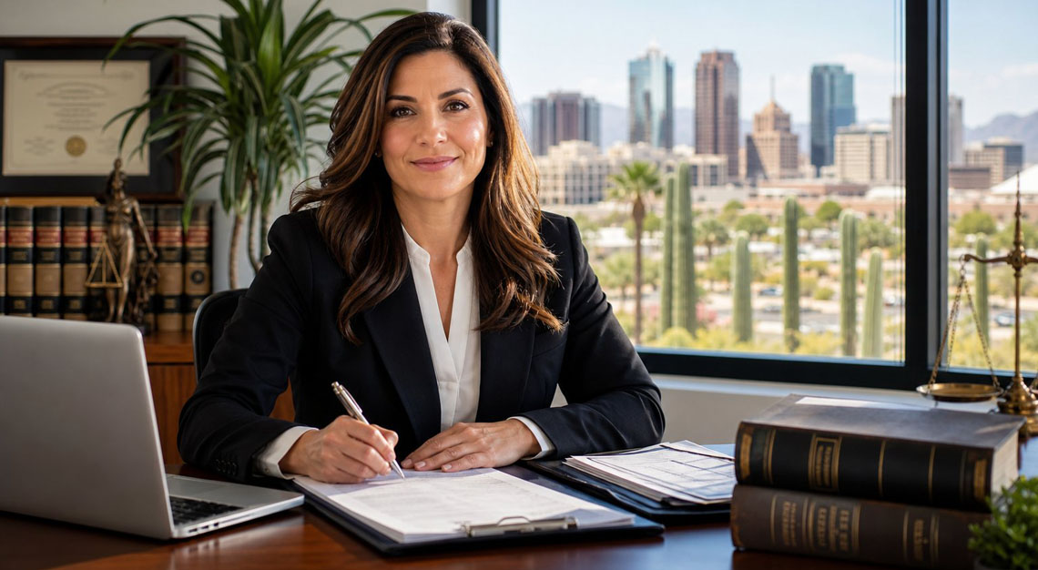An attorney in business attire sitting at a desk in an office with a view of the Phoenix skyline and desert plants outside.
