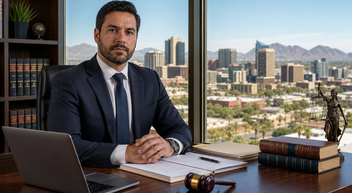 A male lawyer in a suit sitting at a desk with legal documents and a laptop, with the Phoenix city skyline visible through a window behind him.