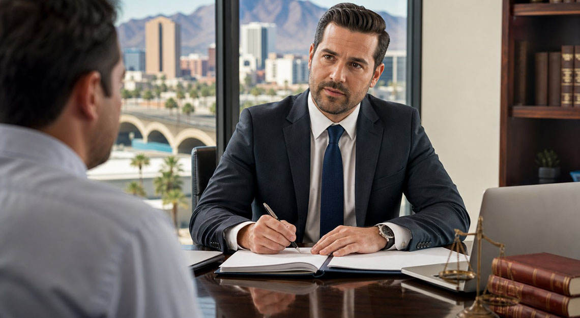 A lawyer in a modern office with a view of Phoenix cityscape, reviewing documents and speaking with a client.