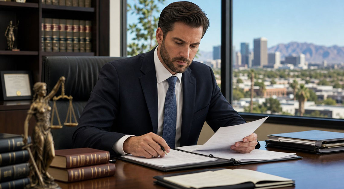 A professional attorney in a suit reviewing legal documents at a desk in an office with law books and a city view in the background.