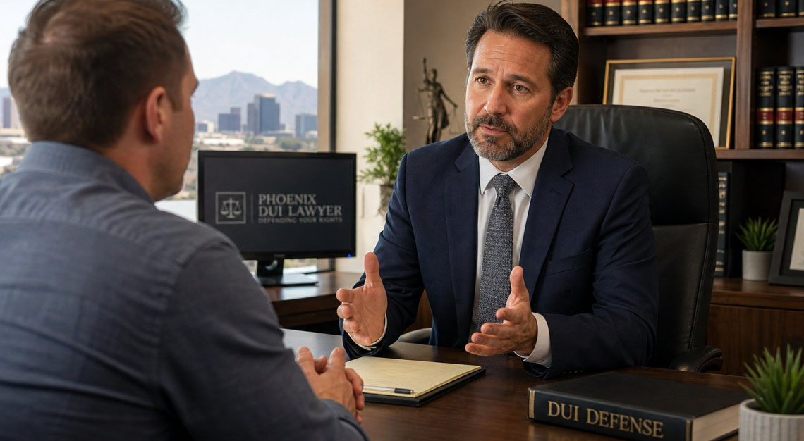 A DUI attorney and client having a serious consultation in a modern law office with legal books and a city view in the background.