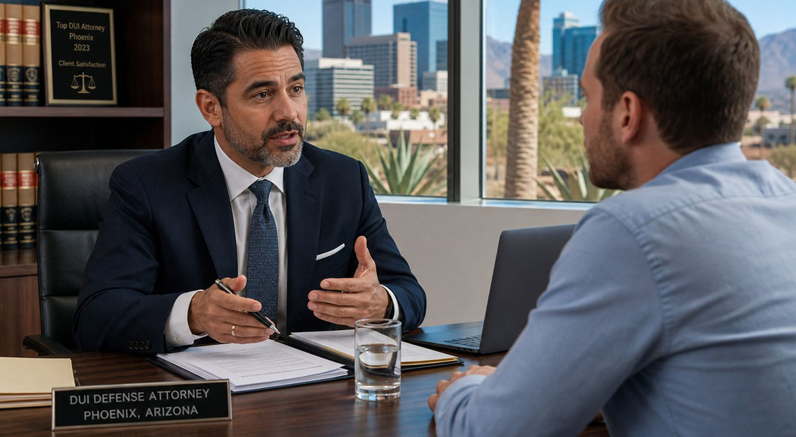 A lawyer and client discussing legal documents in an office with a city skyline visible through the window.