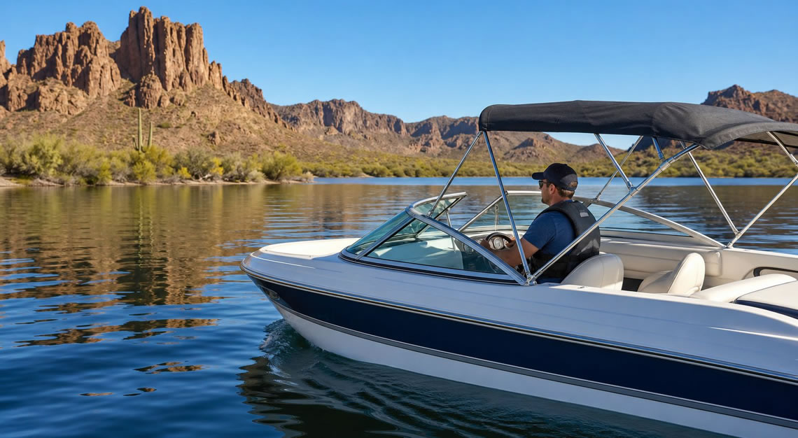 A person wearing a life jacket steering a motorboat on a calm lake with desert rock formations in the background.