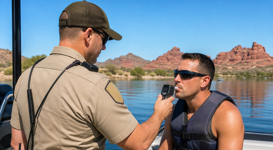 A law enforcement officer conducting a sobriety check on a person operating a small boat on a calm lake with Arizona desert landscape in the background.