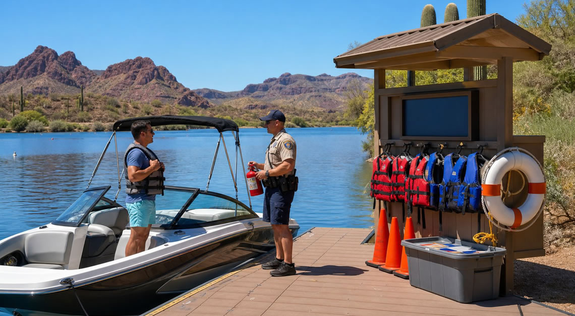 A water safety officer inspects a motorboat docked at a wooden pier on a calm lake in Arizona, surrounded by desert plants and red rock formations.