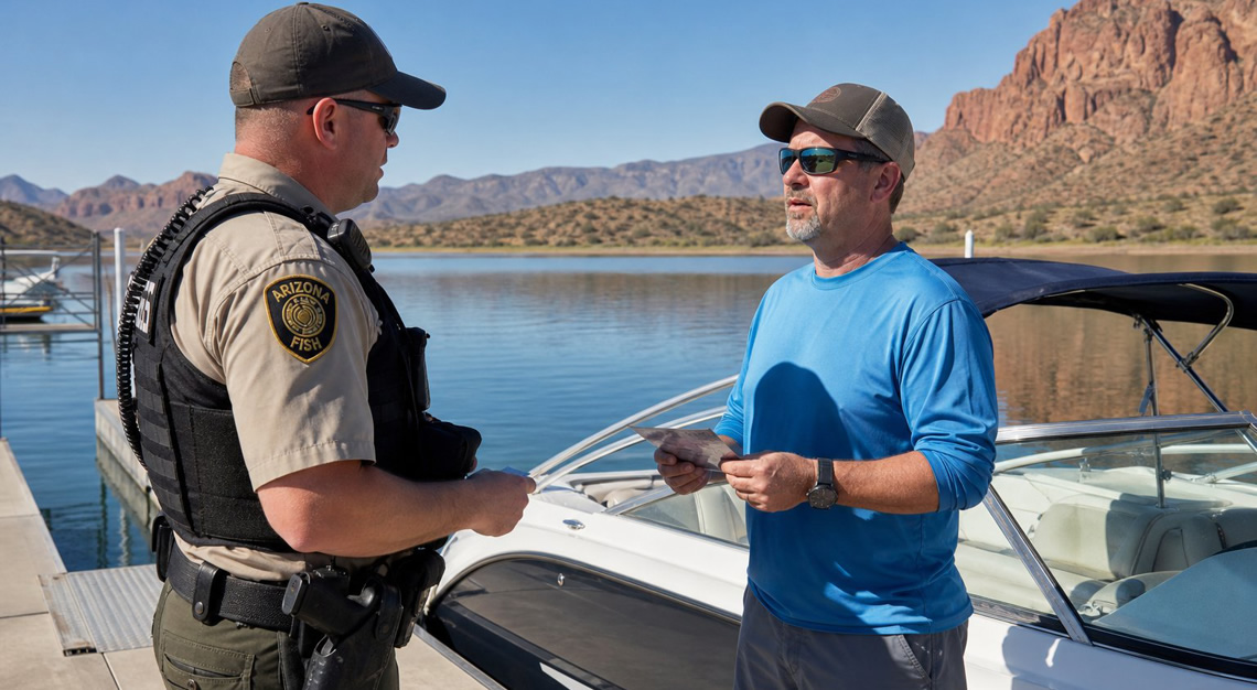 A law enforcement officer talks to a man by a motorboat at an Arizona lake with desert landscape in the background.