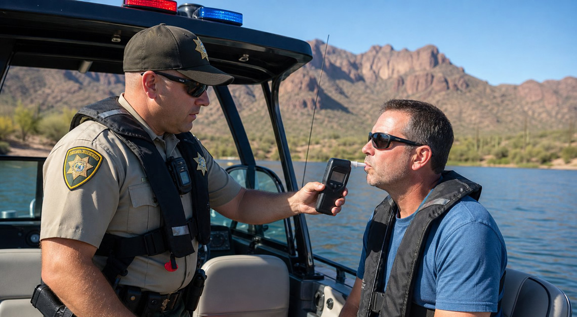 A law enforcement officer on a patrol boat conducting a sobriety check on a boater on a lake with desert mountains in the background.