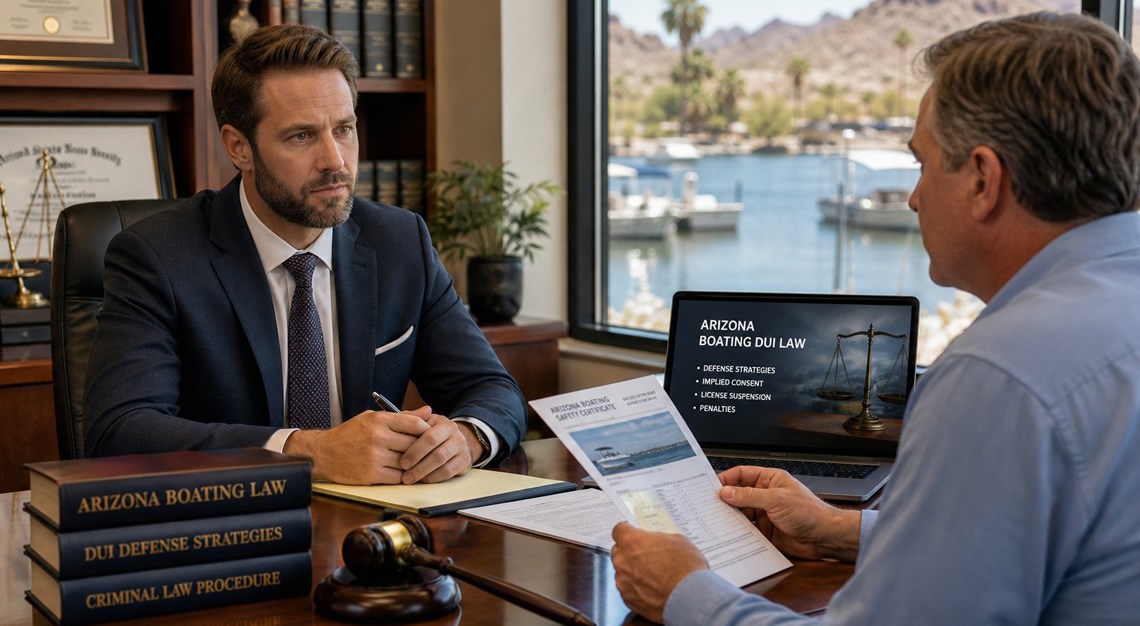 An attorney consulting with a client in a law office overlooking a lake with boats in Arizona.