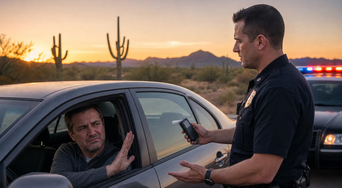 A police officer stands beside a police car talking to a hesitant driver inside a sedan during a roadside stop in a desert area at sunset.