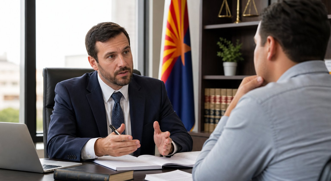 A lawyer consulting with a client in an office with an Arizona state flag in the background.