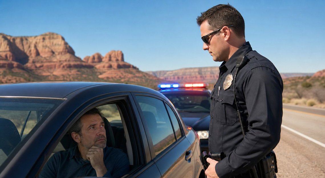 A police officer talks to a driver inside a car on a sunny Arizona roadside with desert and red rocks in the background.