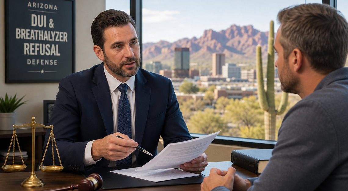A lawyer and client having a serious discussion in an office with a view of an Arizona cityscape and desert landscape.