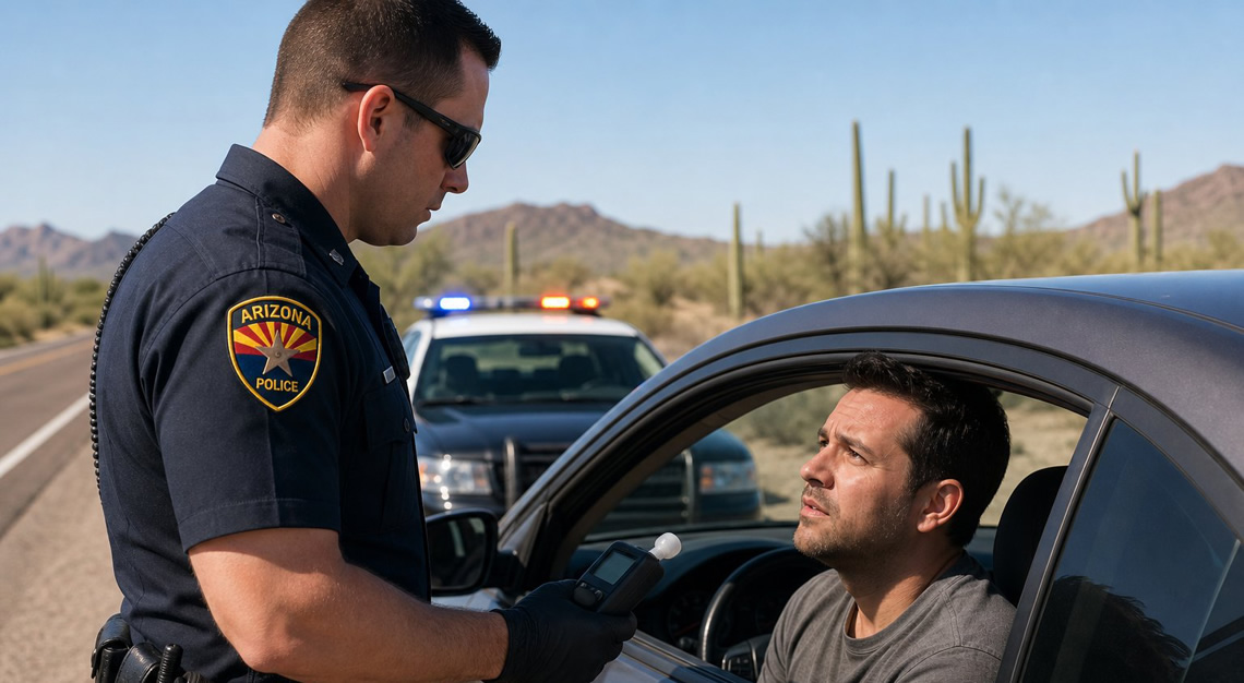 A police officer talks to a driver during a roadside stop on an Arizona highway with desert scenery in the background.
