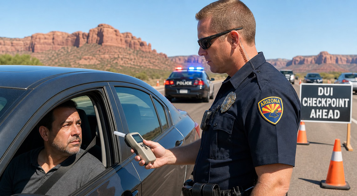 Police officer administering a breathalyzer test to a driver at a roadside checkpoint in a desert highway setting.