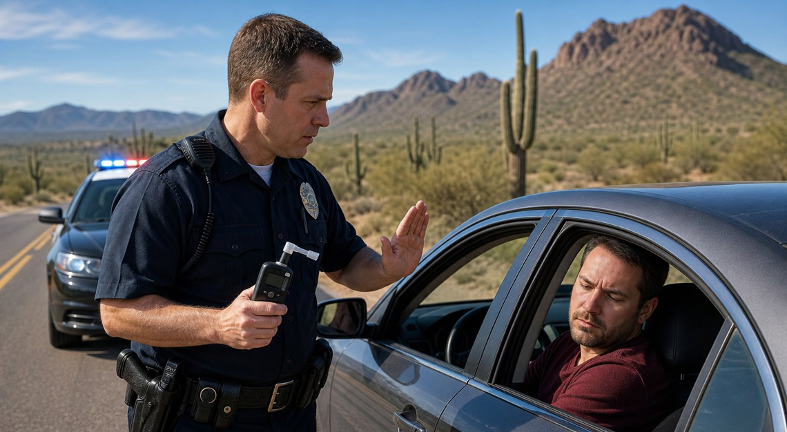 A police officer stands beside a patrol car holding a breathalyzer device while a driver inside a sedan hesitates to take the test on a desert roadside.