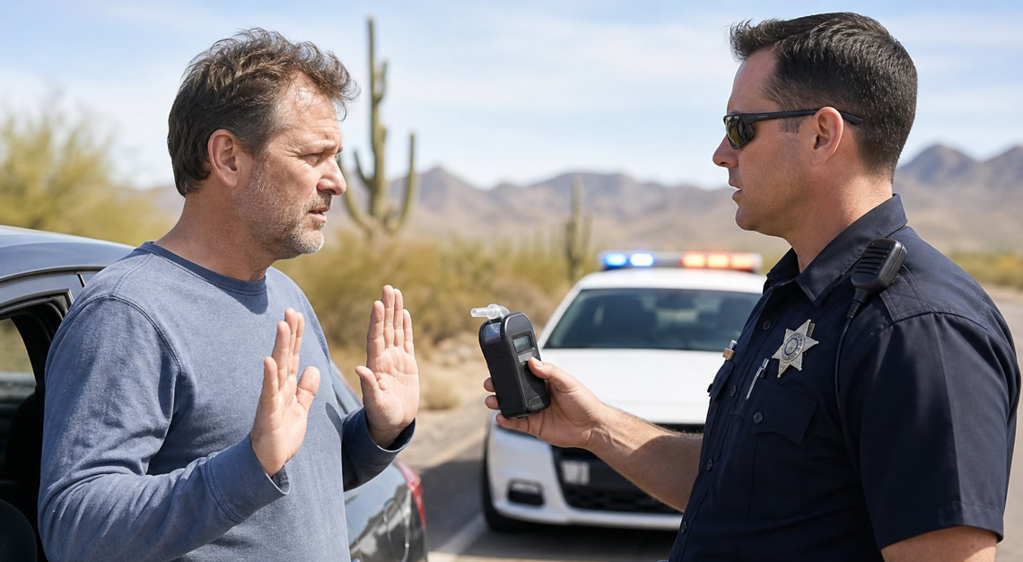A police officer talks to a concerned driver beside a patrol car on an Arizona highway during a breathalyzer test refusal.