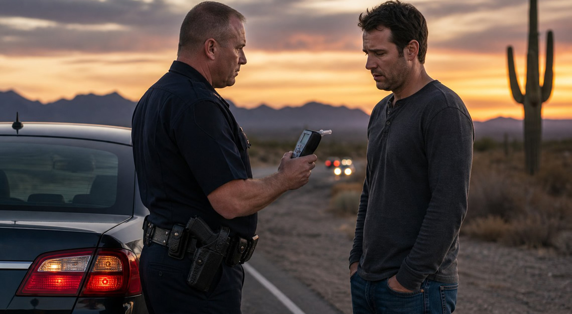 A police officer holding a breathalyzer talks to a concerned driver beside a patrol car on a desert roadside in Arizona.