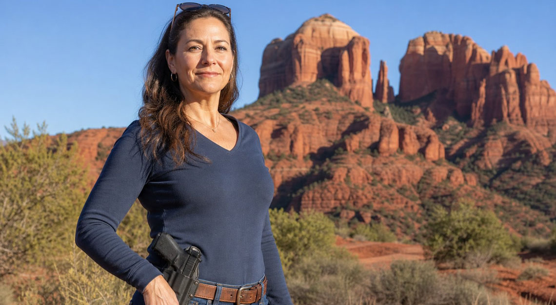 A person standing outdoors in a sunny Arizona desert with red rock formations, wearing casual clothes and a visible handgun holstered on their hip.