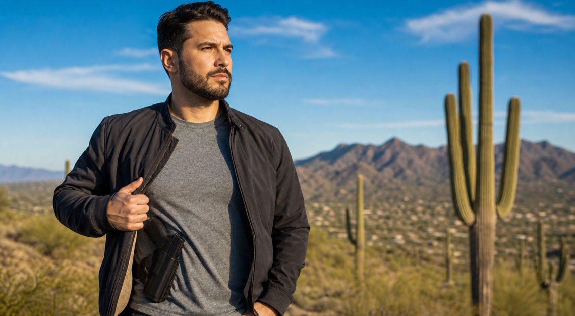 An adult standing outdoors in the Arizona desert holding a concealed firearm in a holster under their jacket with cacti and blue sky in the background.