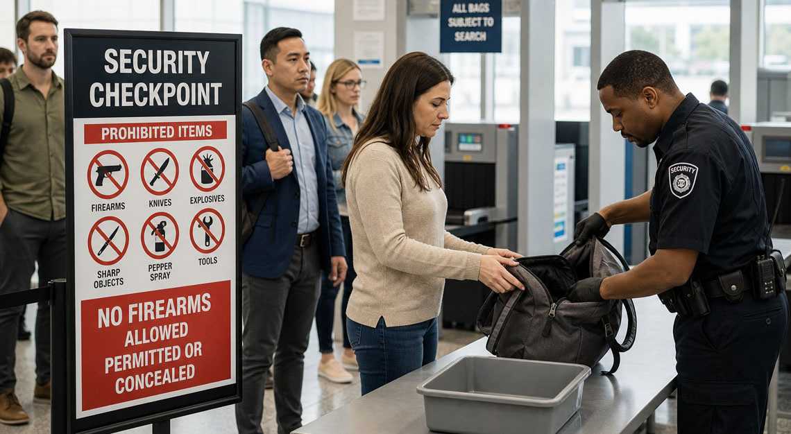 People waiting in line at a security checkpoint where bags are being inspected and firearms are not allowed.