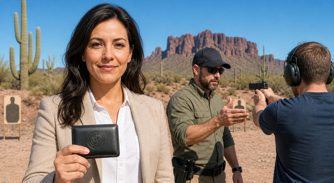An adult standing outdoors in a desert setting holding a concealed carry permit wallet, with a firearm instructor demonstrating safety nearby.