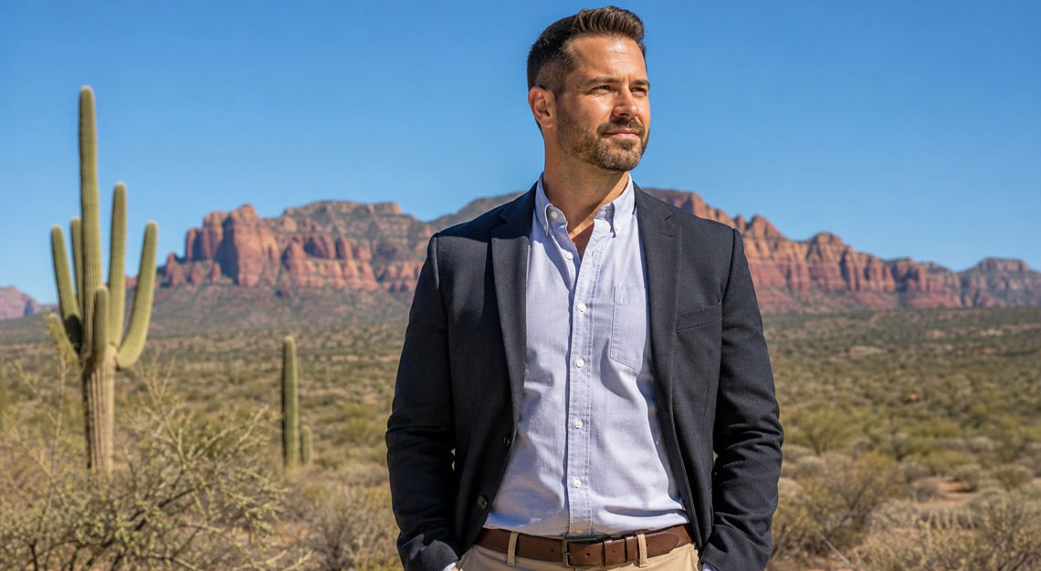 Person standing outdoors in Arizona desert landscape, subtly carrying a concealed firearm under their clothing.
